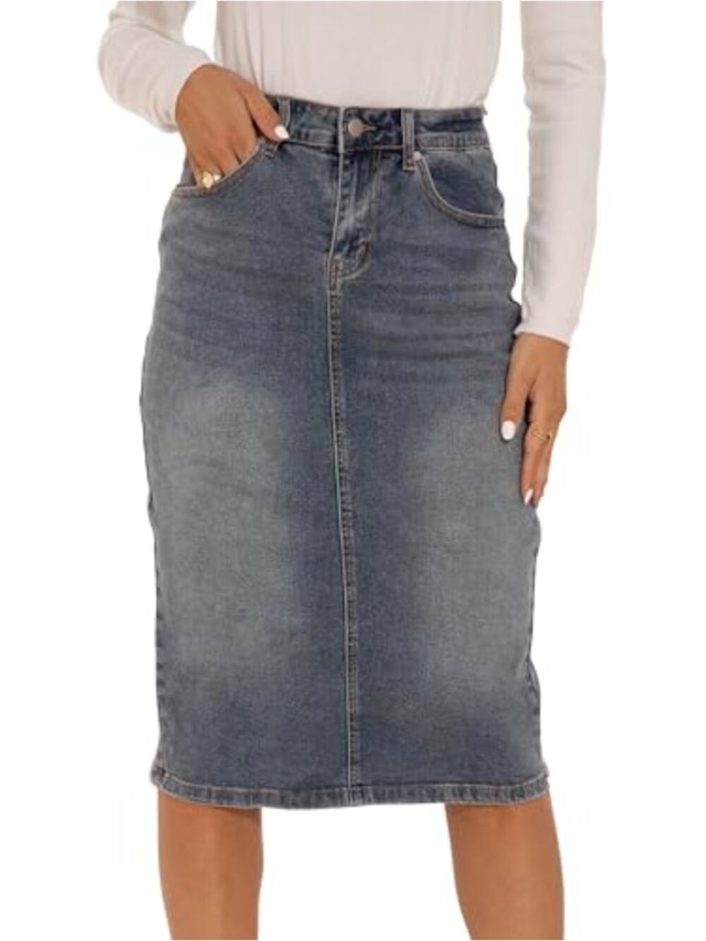 High Waisted Denim Skirt Knee Length Stretchy Cotton Spandex Pencil Jean Skirt